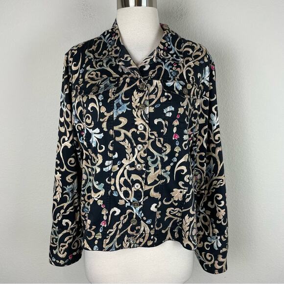 Chico's Black Scroll Print Button Up Cotton Blend Jacket 2 - Picture 1 of 8
